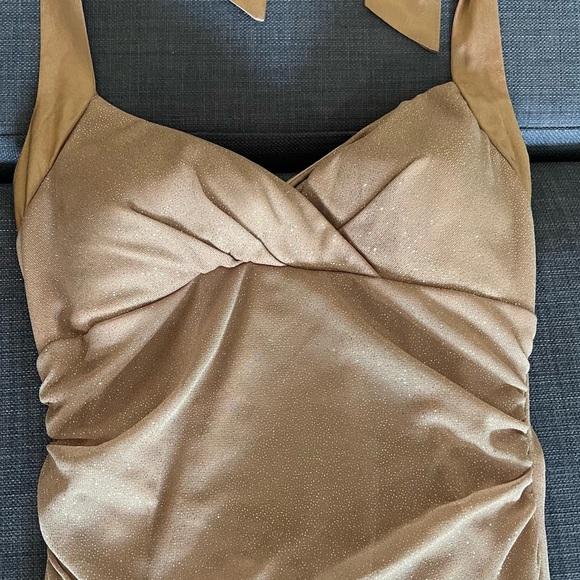 Gold Sparkle Glitter Shimmer Floor Length Gown Dress w. Halter, Lace-Up Back - Picture 6 of 12